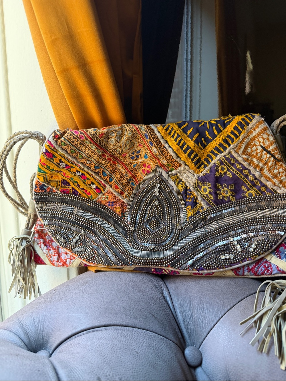 Anthropologie Antik Boho Embroidered Multicolor Crossbody Bag with Beaded Detail - Picture 7 of 7